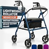 Vive Ultra Lightweight Rollator Walker with Seat - Foldable, Narrow, Rolling Senior Walker for Small Spaces - 4 Wheel Aluminum Adult Easy Drive Aid with Underseat Accessory - Weighs Only 14 Lbs