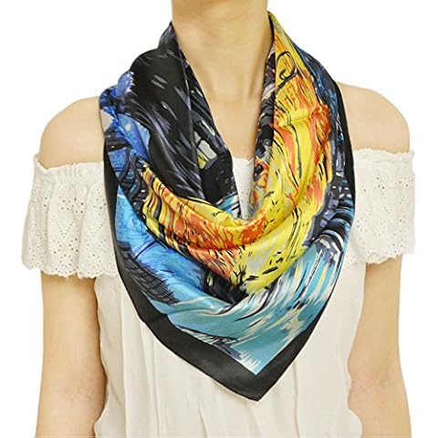 TONY & CANDICE Womem's Graphic Print 100% Silk, Silk Scarf Square , 33*33 Inches ("Cafe" Oil Painting Print) Cover