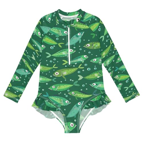 CaTaKu Girls One Piece Swimsuit Green Fishes Toddler Bathing Suit Long Sleeve UPF 50+ Rash Guard Swimwear 3-12Y