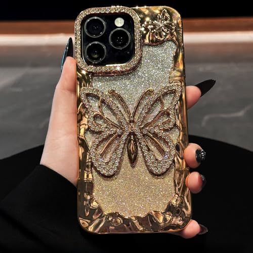Coque iPhone 12 paillettes or avec papillon et pare-chocs souple