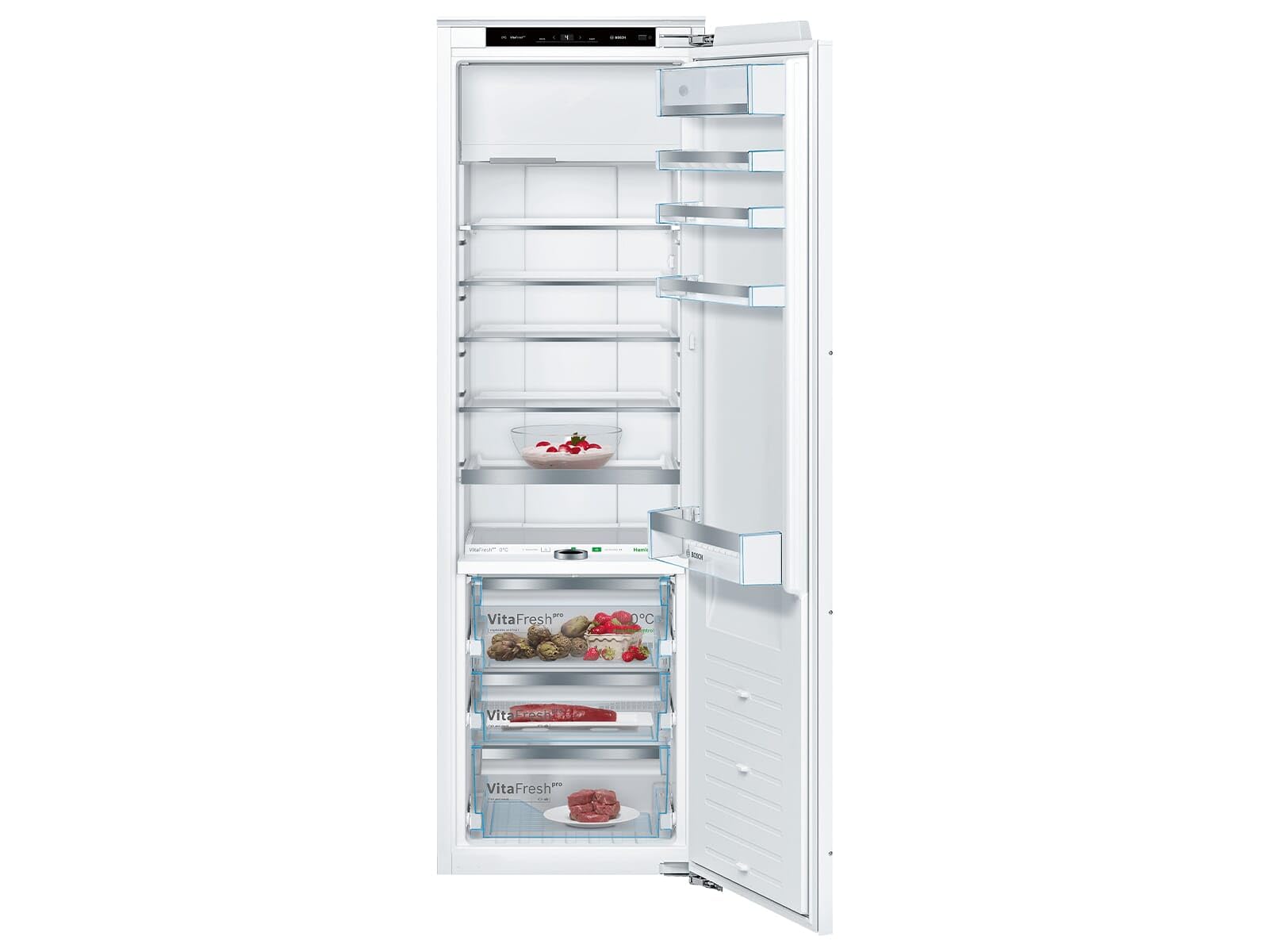 Bosch KIF82PFE0, serie 8, frigorifero da incasso con congelatore, nicchia 177,5 x 56 cm, raffreddamento da 254 l + congelatore da 15 l, prodotto in Germania, 3 volte più a lungo, ripiani in vetro di