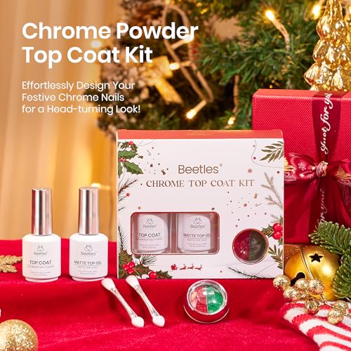 Image of Beetles Gel Top Coat for Chrome Nail Powder, 15ml Chrome Top Coat,15ml Matte Top Coat with Red Green Mirror Chrome Powder Shiny Gloss No Wipe Long Lasting Soak Off Nail Lamp for Nails Art
