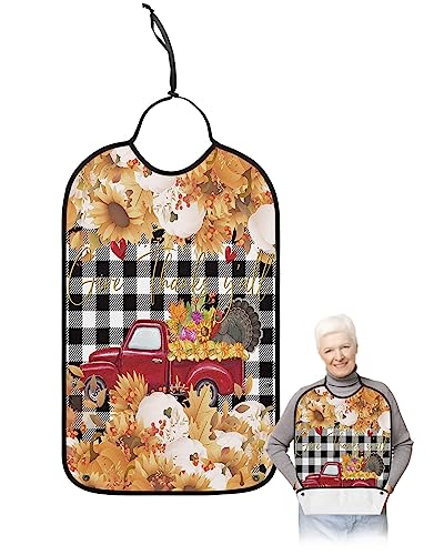 LEOKOTI Thanksgiving Adult Bibs for Eating, Waterproof Bibs with Food Catcher & Adjustable Snap Closure, Pumpkin Leaves Truck Black Plaid Washable Clothing Protectors Adult Bibs for Elderly Women/Men
