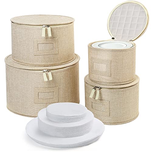 LotFancy China Storage Containers, Hard Shell, 4PCS Set, Dish Storage Box for Moving, Stackable Dinnerware Plate Organizer Bins with 48 Felt Dividers, Grey