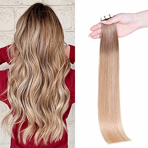 Maxfull Tape Hair Extensions Human Hair Blonde Highlights, Invisible Double Sided Real Remy Semi-permanent Hair Extensions, 20pcs, 22inch, 50g