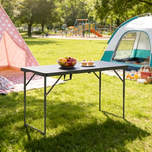 Image of BestOffice 4 FT Picnic Table Folding Table Camping Plastic Table Fold Up Table Lock for Party Event, Black