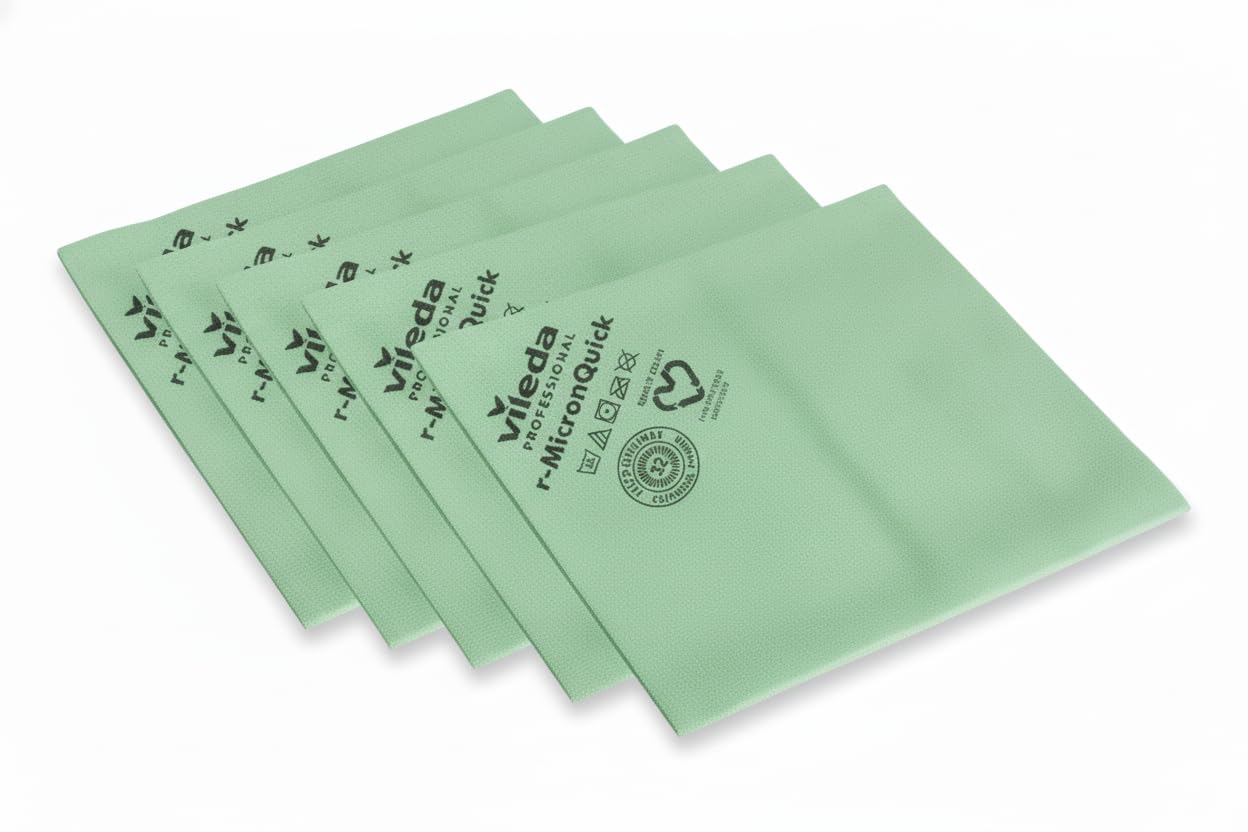 Vileda Professional r‑MicronQuick Microfibre Cleaning Cloth, Green, 5‑Pack – Recycled Microfibre for Hygienic, Streak‑Free Cleaning of Touched Surfaces,Up to 99.99% Virus & Bacteria Removal (38×40 cm)