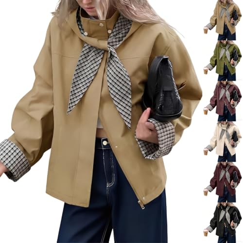 Cropped Trench Coat for Women Fall Rain Jacket with Detachable Plaid Hood