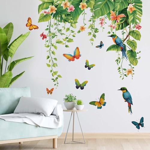 Stickers Muraux Feuilles Plantes Autocollant Murale Suspension Feuilles Tropicales Vertes Fleurs...