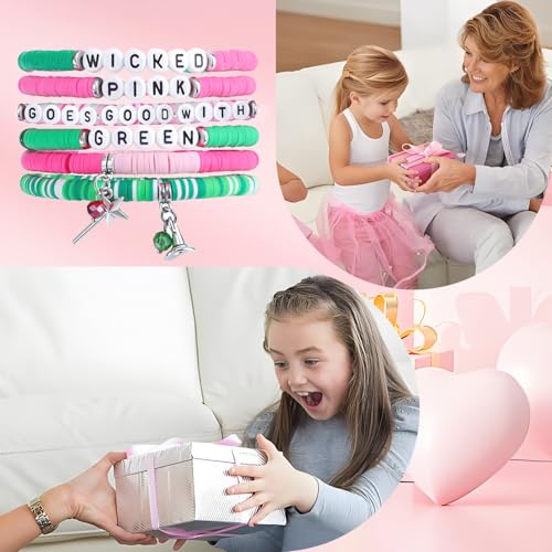 6 Pcs Witch Friendship Bracelet Witch Hat Magic Wand Charm Bracelets Pink Goes Good with Green Friendship Bracelets Pink Green Beads Bracelet for Friends Jewelry Gift3