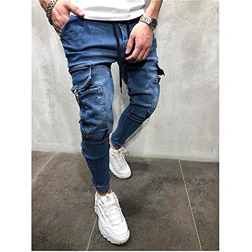 Men's Cargo Jeans,Zipper Jeans for Men Moto Biker Jeans Slim Fit Denim Pants Elastic Waist Drawstring Jeans2