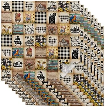 Cloth Napkins Washable Set of 8 Vintage Farm Chicken Cow Pig Animal Buffalo Plaid Soft Cocktail Dinner Table Polyester Napkins Home Decor 20x20 Inch