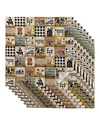 Cloth Napkins Washable Set Of 8 Vintage Farm Chicken Cow Pig Animal Buffalo Plaid Soft Cocktail Dinner Table Polyester Napkins Home Decor 20X20 Inch #TOP3