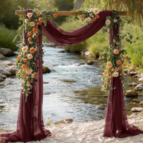Image of Wedding Glitter Arch Draping Fabric Burgundy Red 29 inch x 6.5 Yards 2 Panels Sheer Backdrop Curtains Drapery for Wedding Ceremony Birthday Party Indoor Ceiling Decor