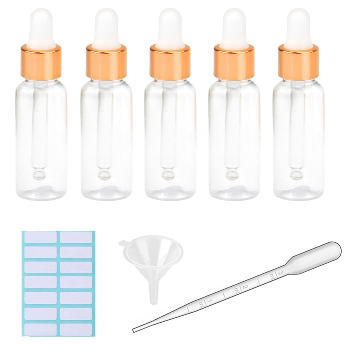 5Pcs Transparent Dropper Bottle 20ML Plastic Eye Dropper Bottles for Essential Oil Pipette Refillable - with Measured Pipette, Funnel and Labels (White + Gold Cap)