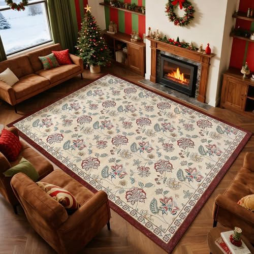 jinchan 8x10 Floral Rug for Living Room Washable Bedroom Rug Vintage Romance Christmas Design Non Slip Thin Indoor Floor Cover Large Low-Profile Throw Carpet for Dining Room Office, Red/Beige