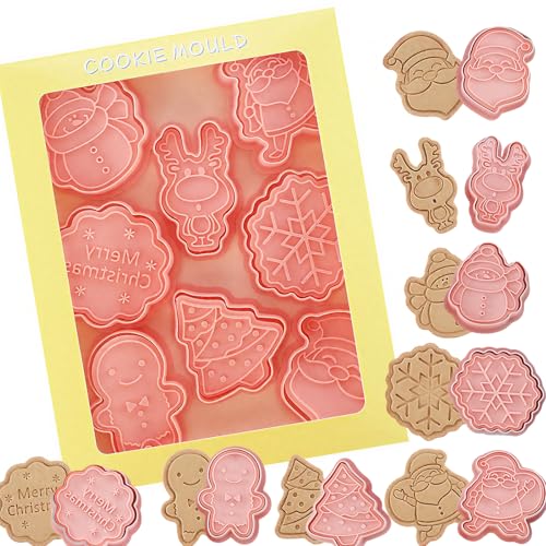 Christmas Cookie Cutters - 8pcs Festive Set with Christmas Cookie Stamp | Santa/Tree/Reindeer Shapes Cookie Cutters Christmas for Christmas Cookies, Baking & DIY Decor