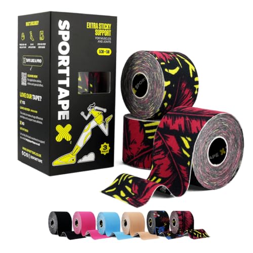 SPORTTAPE Kinesiologie Tape - 3 Rollen Wild 5cm×5m Elastisch & Wasserfest Kinesiotapes/Tape Sport Hautfreundlich Baumwolle starke Haftung latexfrei für Muskel- & Gelenk-Support