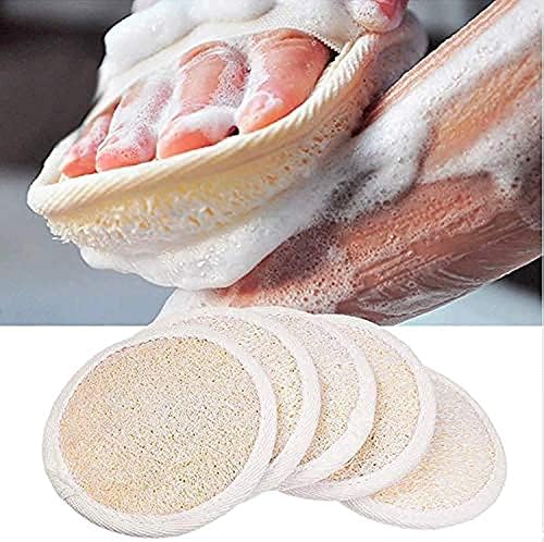 Loofah Pads (Pack of 5) – Exfoliating Scrubbing Sponges – Natural Luffa Material – Essential Skin Care Product – For Shower/Bath – Fibrous Texture – Perfect for Face/Body Wash – Wet It and Apply Soap