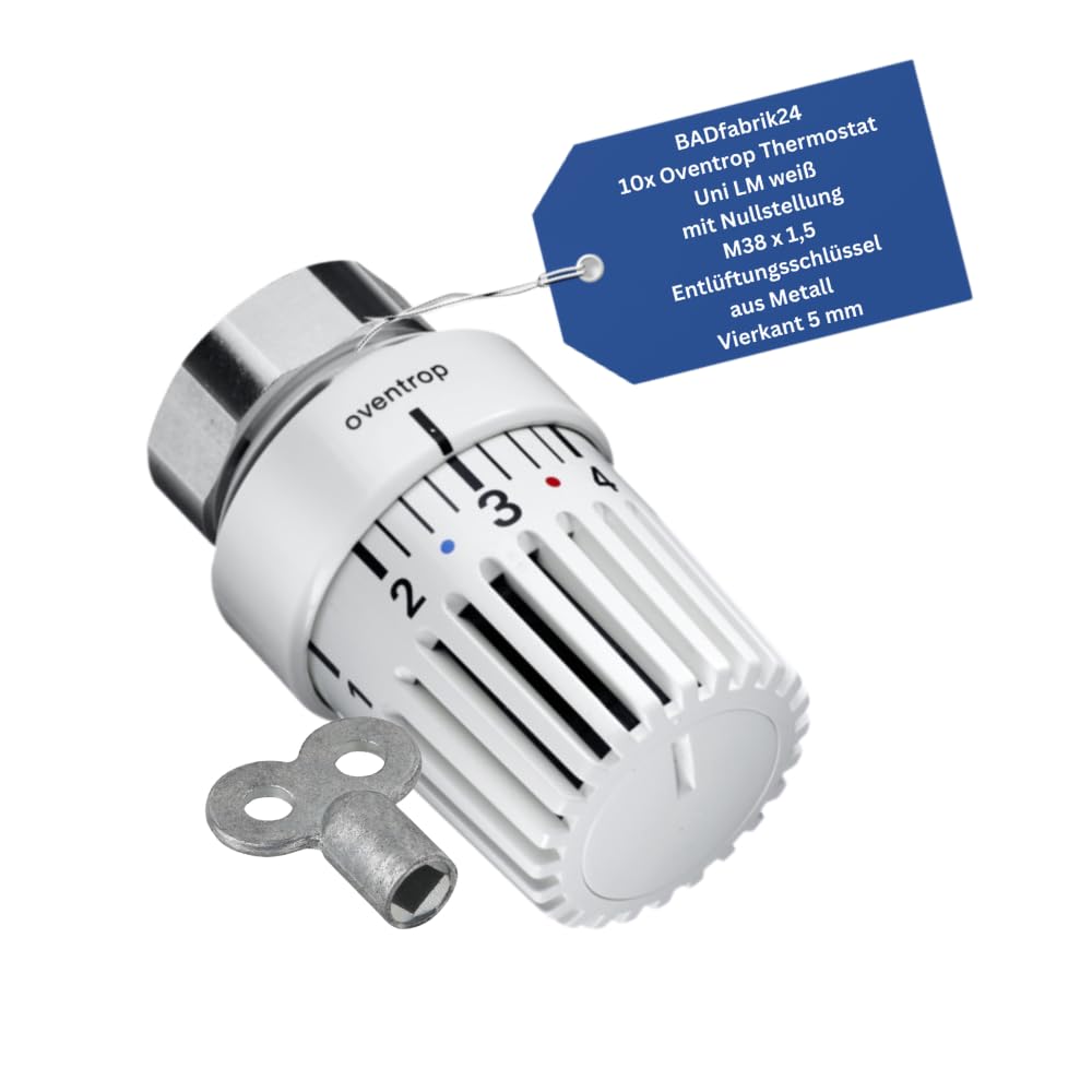 Thermostat Uni LM weiß mit Nullstellung M38 x 1,5 + Entlüftungsschlüssel 5 mm Vierkant – 10er Set Heizkörper-Thermostatkopf, präzise Regelung, einfache Montage