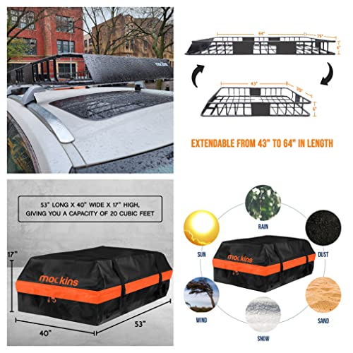 Mockins 64X39X6 Anti Rust Rooftop Cargo Carrier 20Cu Waterproof Bag 250Lb Cap Extendable Roof Basket | Universal Roof Rack Basket | Car Roof Rack Cargo Carrier Roof Rack Cargo Basket Roof Cargo Basket #TOP5