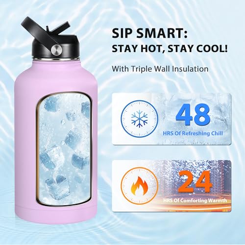 Image of Insulated Water Bottle 64 oz, Triple Wall Vacuum Stainless Steel Water Bottles (Cold for 48 Hrs), Leak Proof & Non-BPA, Half Gallon Water Flask Jug Wide Mouth Straw Lid & Spout Lid