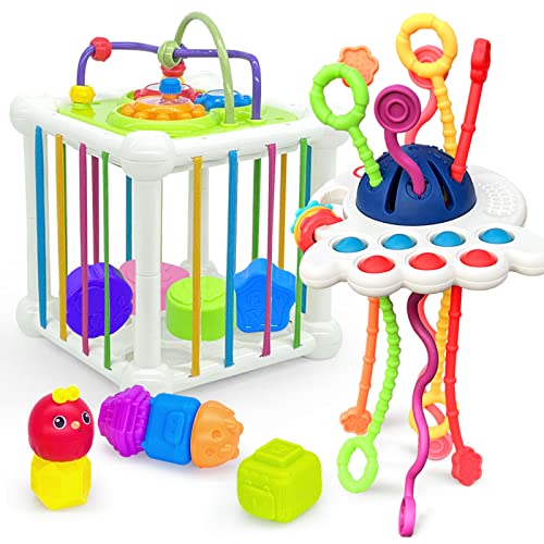Image of Baby Sensory Bin Set Includes 4 in 1 Montessori Cube with Shape Sorter and Colorful Blocks Balls Sorting Games, Pull String Travel Toys for Toddler Fine Motor Skills