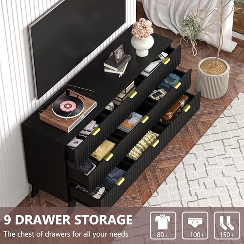 Image of Black Dresser 9 Drawer Dresser for Bedroom, 57''Wide Fluted Wooden Dresser Storage Cabinet and Chest of Drawers with Metal Handle, Storage Organizer for Living Room, Hallway, Entryway