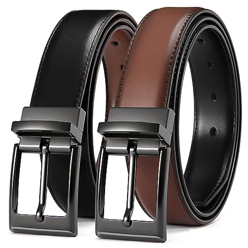 Image of Chaoren Leather Ratchet Belt 2 Pack Dress with Click Sliding Buckle 1 3 /8 inch in Gift Set Box - Adjustable Trim to Fit