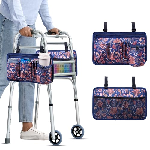 BAGSFY 2-Pack Walker Side Bag, Universal Walker Accessories with Cup Holder, Waterproof Folding Walker Organizer Caddy Pouch for Most Walkers with Side Bars, Double-Sided Storage for Seniors & Elderly