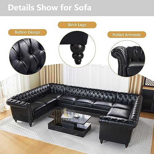 Image of QHITTY U-Shaped Sofa, Sectional Chesterfield Leather Faux Couch 9-Seater Upholstered Large Accent Tufted Sofa with Rolled Armrest and Nailhead Design for Living Room, Apartment, Office (Black)