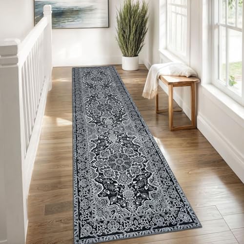 KUTA Runners for Hallways 2x8 Black, Vintage Medallion Kitchen Rugs Non-Slip Ultra Soft Washable Printed Retro Distressed Vintage Carpet Entryway Runners for Bedroom Laundry Nursery