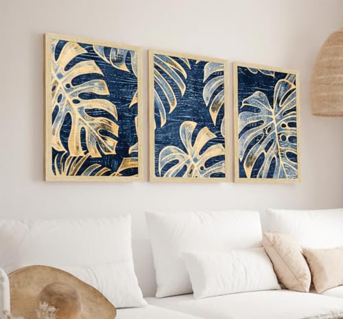 Image of ArtX Paper Leaf Paintings For Wall Decoration, Home Decor Wall Art, Hotel Wall Paintings for Living Room, Multicolor, Natural Wood Color Frames, 12x18 inch, Set of 3