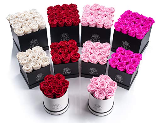 Soho Floral Arts | Real Roses That Last a Year and More| Fresh Flowers |Eternal Roses in a Box (Pink 9 X-Large Roses)