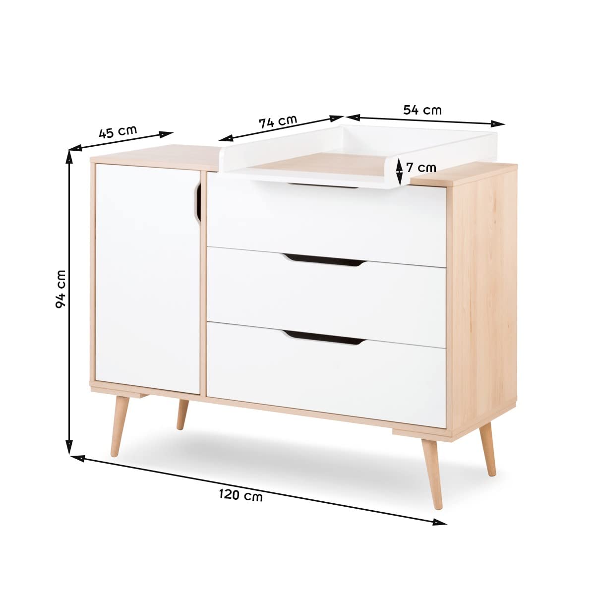 Mon Mobilier Design Sofie Commode à Langer à tiroirs et étagères Style scandinave Blanc/Bois