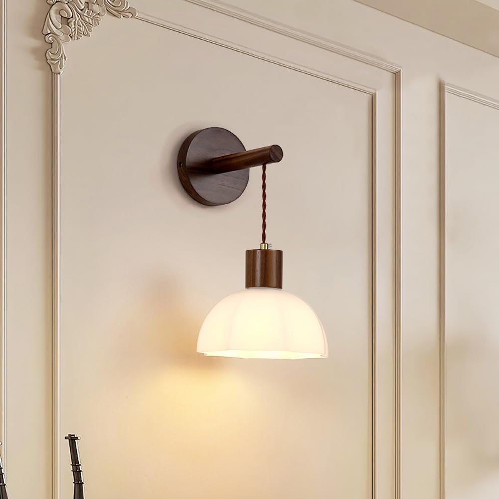 HUAYUSEDF Rustic Wood Farmhouse Wall Sconce Vintage Milk Glass Mounted Light Fixture Modern Mid Century Bedroom Hang Lighting Dome Hallway Lamp for Living Room Aisle Bedside Foyer(20CM*14CM)