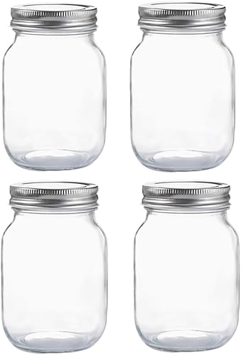 Paquete de 4 tarros de vidrio de boca regular, tarros de vidrio transparente de 16 onzas, boca regular con tapas de metal plateado, avena nocturna,