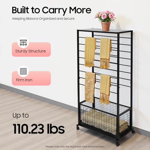 Image of CNCEST Double-Sided 16-Layer Ribbon Holder Organizer Rack,Free Standing Mobile Ribbon Holder,Metal Ribbon Stand Organizer Ribbon Storage Shelf for Craft Room,Wrapping Paper (Black,26.4x12.6x59.06in)