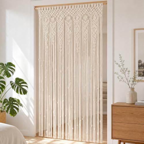 BORDEAG Tapisserie murale bohème en macramé, 90 × 180 cm, rideau de séparation fait à la main, rideaux bohème, tissés à la main, en coton, pour salon, chambre à coucher, balcon, couloir, blanc crème