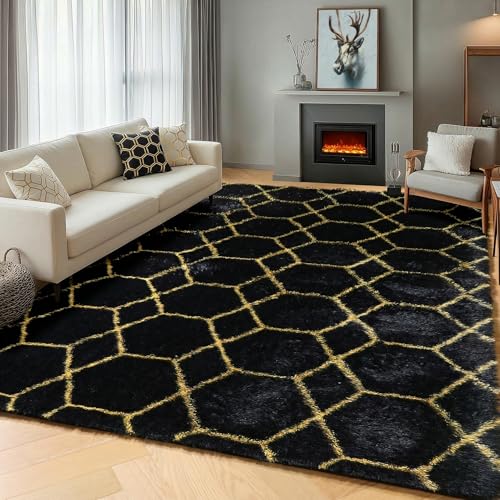 ONASAR 5x7 Area Rugs for Living Room Bedroom, Fluffy Black and Gold Faux Fur Rug, Geometric Boho Soft Plush Shaggy Floor Carpet Mat for Nursery Kids Girls Boys Teen Dorm Home Office Decor