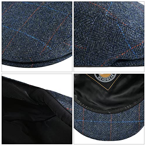 VOBOOM Men's Herringbone Flat Ivy Newsboy Hat Wool Blend Gatsby Cabbie Cap (Plaid Navy 3, 7 5/8)