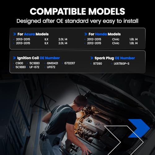 Image of Set of 4 Ignition Coil Pack UF672 and Iridium Spark Plug 97390 4 Pack Compatible with Acura ILX Compatible with Honda Civic 2012-2015 1.8L 2.0L l4 Replaces 5C1880 GN10421 6732317 LKR7BGP-S