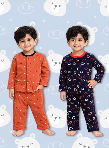 Image of 3BROS Kids Pure Cotton Night Suit Set | Boys Girls Printed Sleepwear Shirt & Pajama Clothing Combo | Soft Breathable Night Dress Outfit | Pack of 2