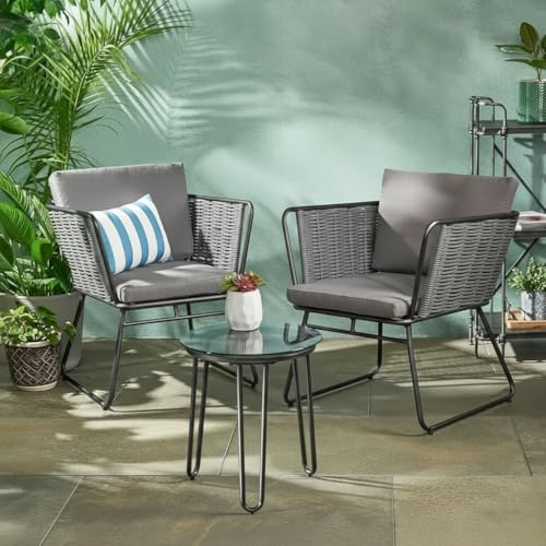 Image of LOCCUS 3 Piece Outdoor /Indoor Patio Furniture Set Waterproof Weaving Rope Couch Sofa Set with Powder-Coated Iron Conversation Bistro Set for Balcony,Lawn,Terrace,Backyard,Poolside (Grey)