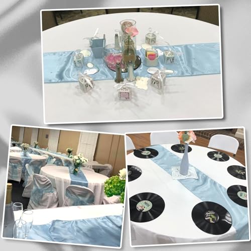 Image of 12Pack 12x108 Inch Satin Table Runner and 84 Inch Round Plastic Tablecloths White Light Blue Disposable Round Table Cover for Graduation Wedding Bridal Shower Anniversary Birthday Party Decorations