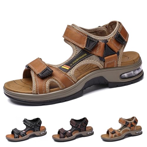 Men's Open Toe Sport Leather Sandals Lightweight Non Slip Walking Shoes, Adjustable Water Shoes with Air Cushion for Beach Outdoor Hiking