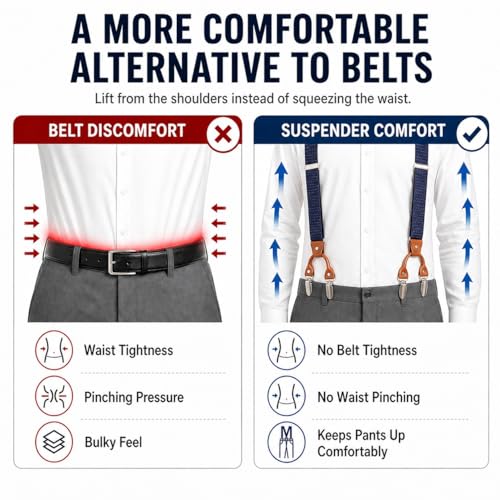 Image of Men's Heavy Duty Y-Back Suspenders, 6 Strong Metal Clips Adjustable Elastic Straps for Work, Tuxedos, and Daily Wear