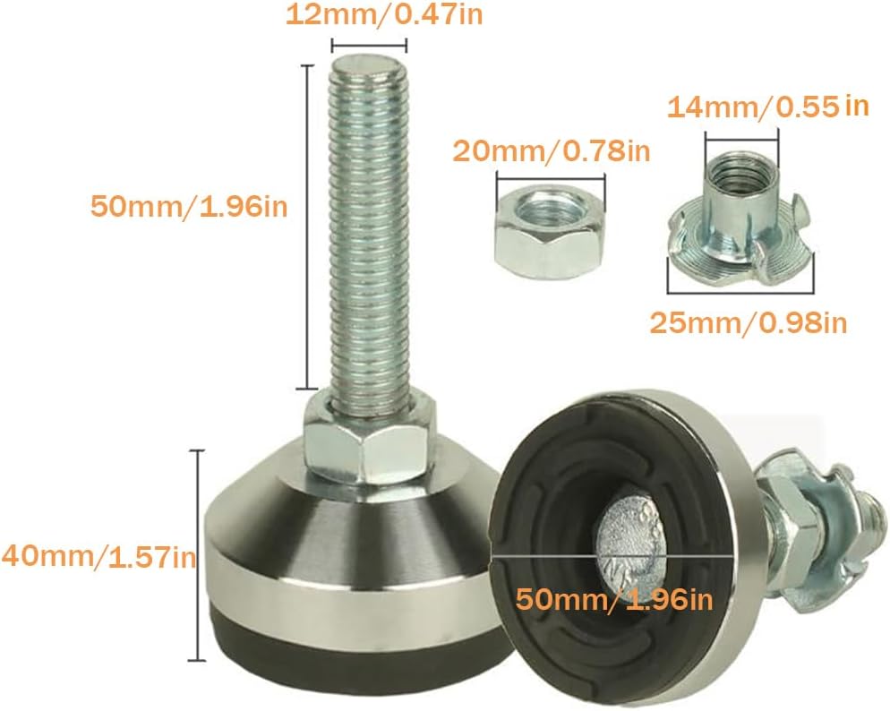 Heavy Duty Adjustable Legs,Leg Leveler 1.96" Dia Base,Adjustable Leveling feet M12 Thread, 1300 Lb Capacity,Furniture Feet Levelers,with Threaded Inserts(D50xM12x50,4 Pack, Black)