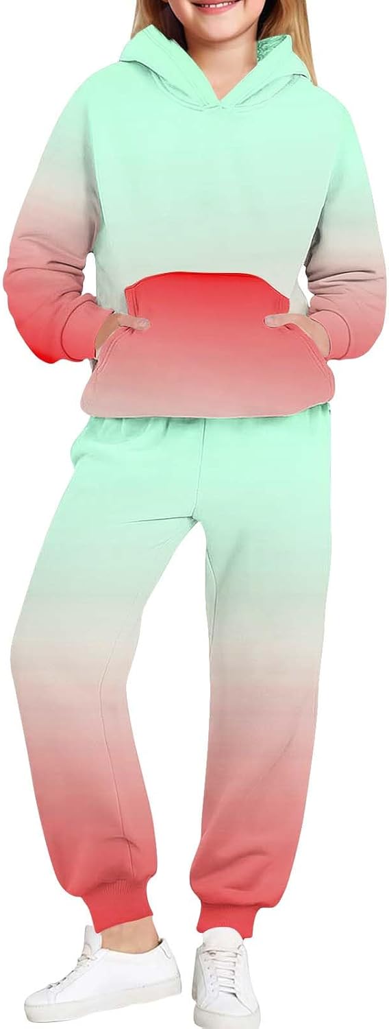 Kids Gradient Sweatsuits Loose Long Sleeve Pullover Sweatshirt and Jogger Sweatpants Girls Boys Tracksuit for 4-15 Years