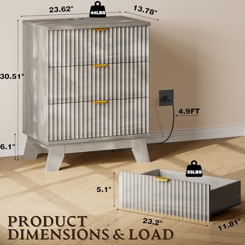 Image of BORNOON 30.5 inch Nightstand with Charging Station, 3-Drawer Fluted Bedroom Chest, Wood Bedside Dresser with Power Outlets and USB Ports, Metal Slides, Stable Base, Modern Storage Cabinet for Small Spaces
